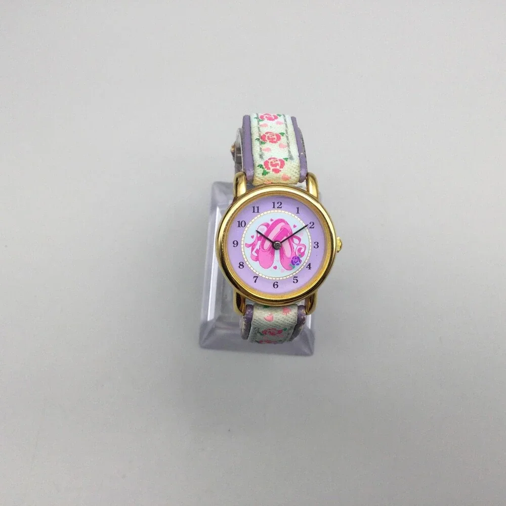Accutime Girls Watch 26mm Ballet Slippers Gold Tone Floral Leather New Battery